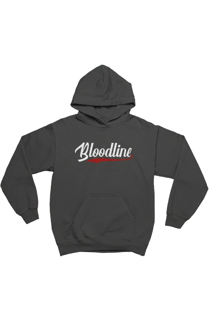 Gray hoodie with 'Bloodline' text on a white background